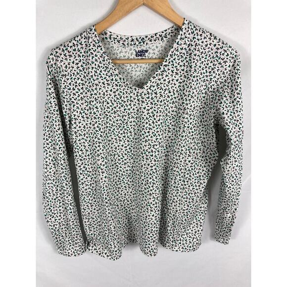 Lands End Holly Leaf Print Winter Festive Long Sleeve Top Size Small - Picture 1 of 6